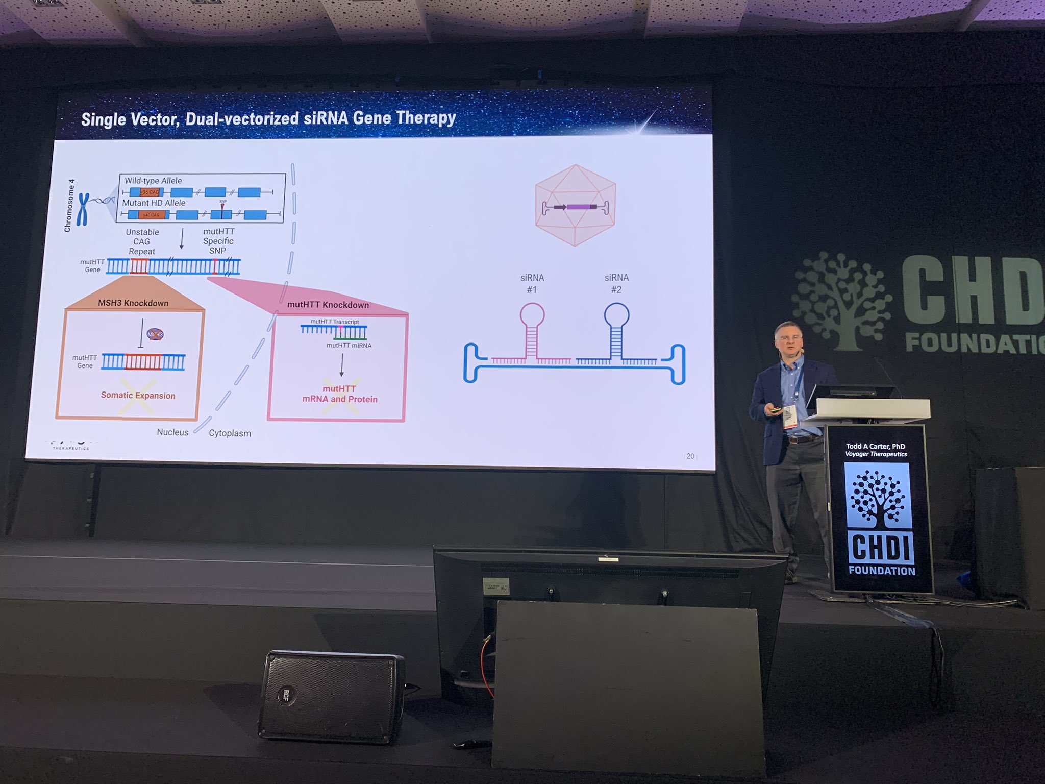 It's a twofer!! Dr. Todd Carter from Voyager Therapeutics shows their new viral technology that would allow them to delivery therapeutics against TWO targets to the brain.  